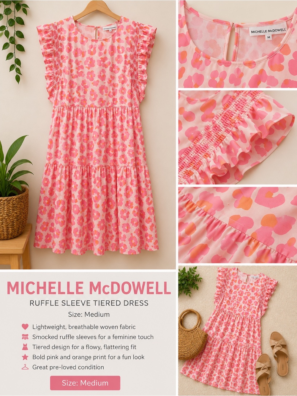 MICHELLE McDOWELL Pink and Orange Ruffle-Sleeve Tiered Dress